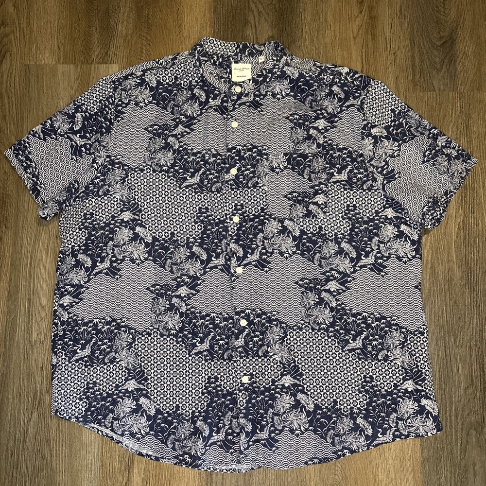 Baird McNutt Murano Shirt Men XL Blue Floral 100% Linen Short Sleeve Band Collar